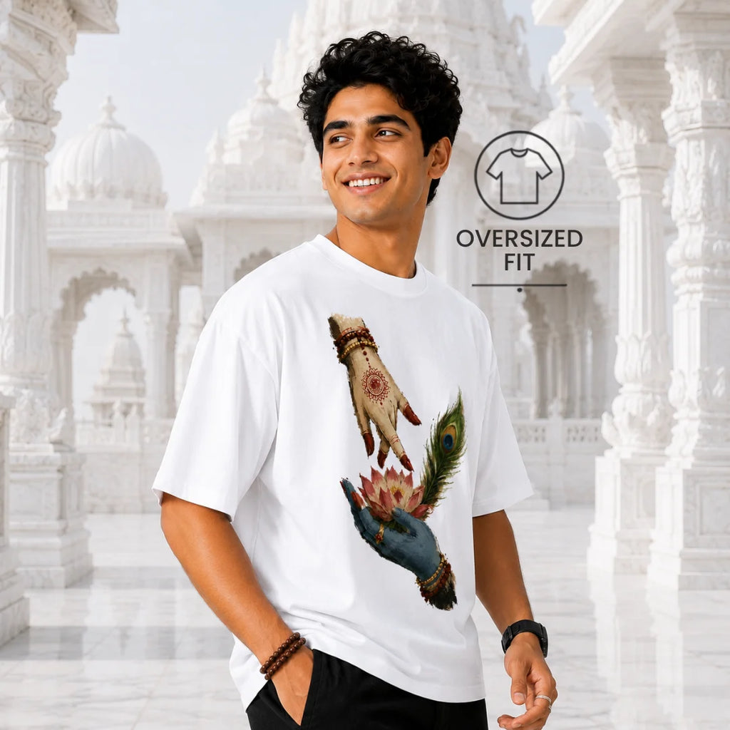 Excello Men's Divine Radha Krishna Lotus Graphic Oversized T-Shirt - 240 GSM Pure Cotton, Bio-Washed