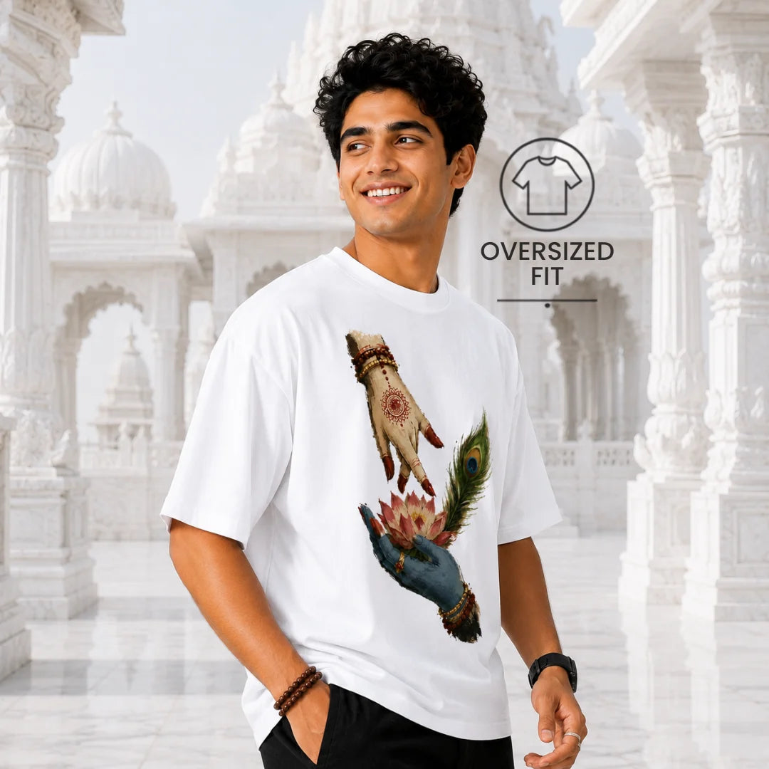 Excello Men's Divine Radha Krishna Lotus Graphic Oversized T-Shirt - 240 GSM Pure Cotton, Bio-Washed