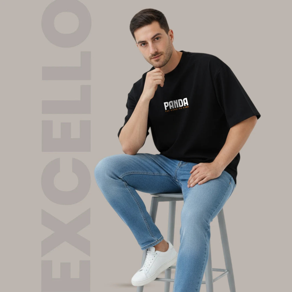 Men's Panda "The Kung-Fu King" Oversized T-Shirt - 100% Rich Cotton, 180 GSM Streetwear Tee - Black