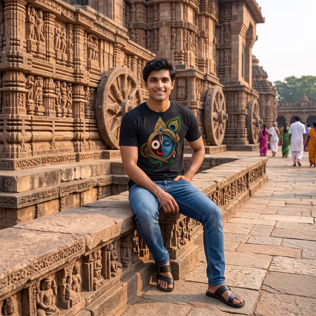 Men's Pure Cotton Lord Jagannath & Sri Krishna Fusion Graphic Printed T-Shirt