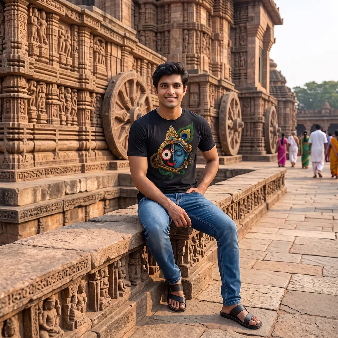 Men's Pure Cotton Lord Jagannath & Sri Krishna Fusion Graphic Printed T-Shirt