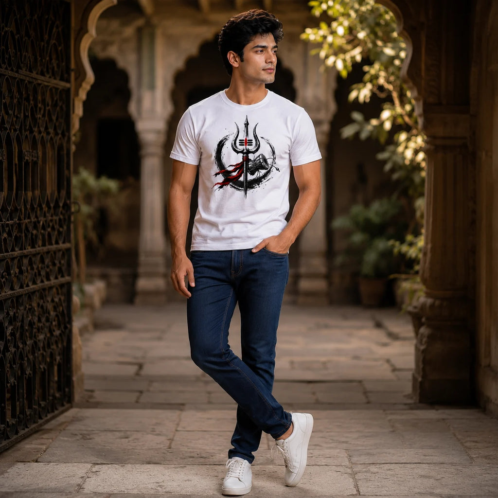 Men's Pure Cotton Regular Fit Mahadev Trishul Damru Graphic T-Shirt | 180 GSM Bio-Washed Spiritual Casual Tee