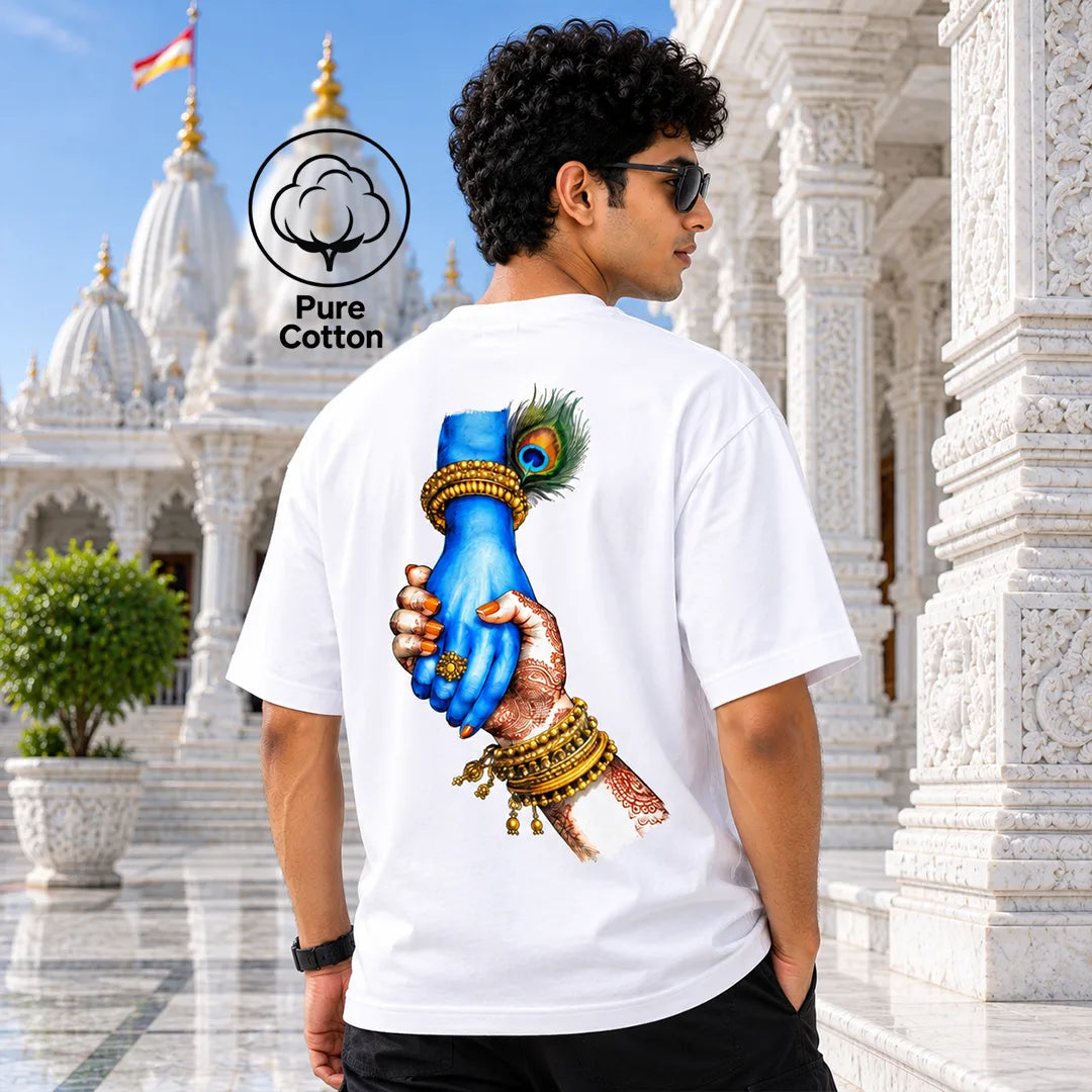 Excello Men's Jai Shree Krishna Divine Graphic Oversized T-Shirt - 240 GSM Pure Cotton, Bio-Washed