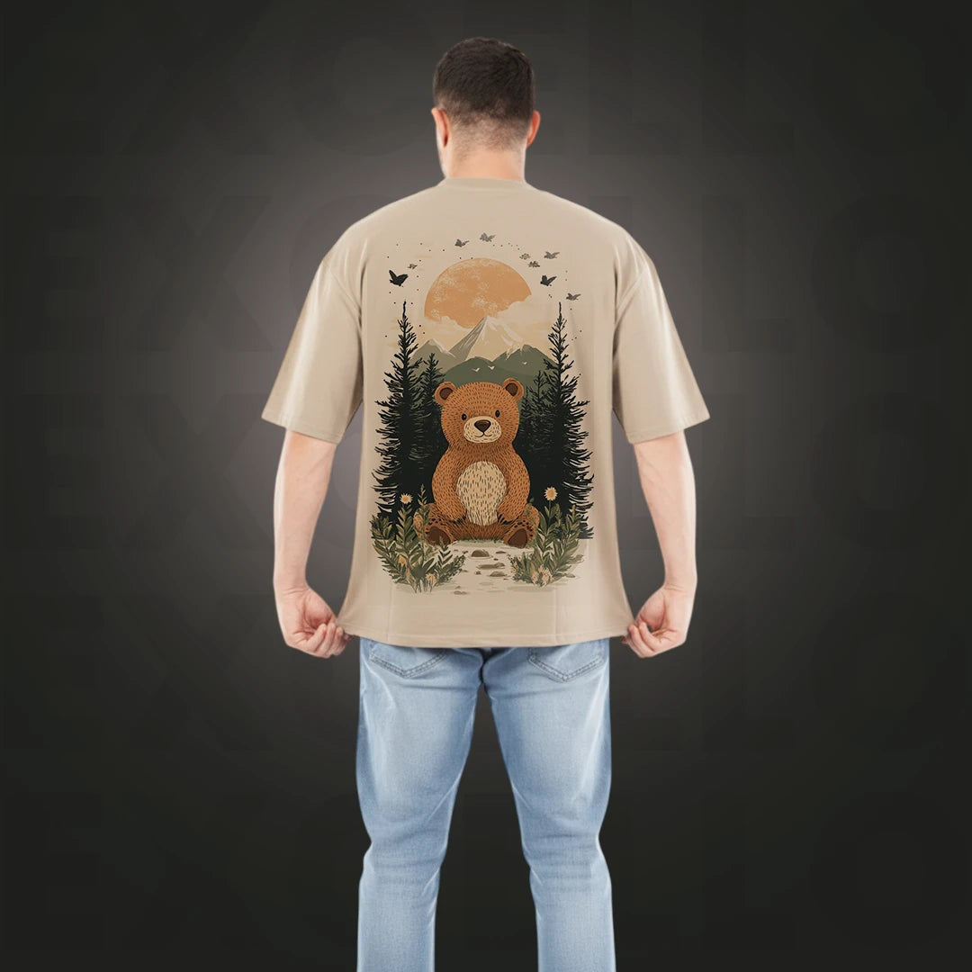 'Bear' Artistic Graphic Oversized Tee - 100% Rich Cotton | Dark Beige