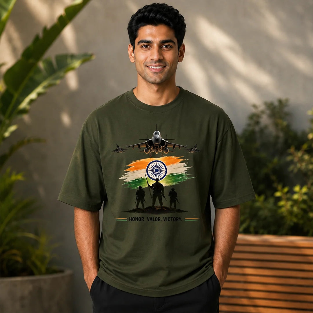 Men's Oversized Graphic T-Shirt - "Guardians of the Skies" IAF Tribute, 240 GSM Pure Cotton