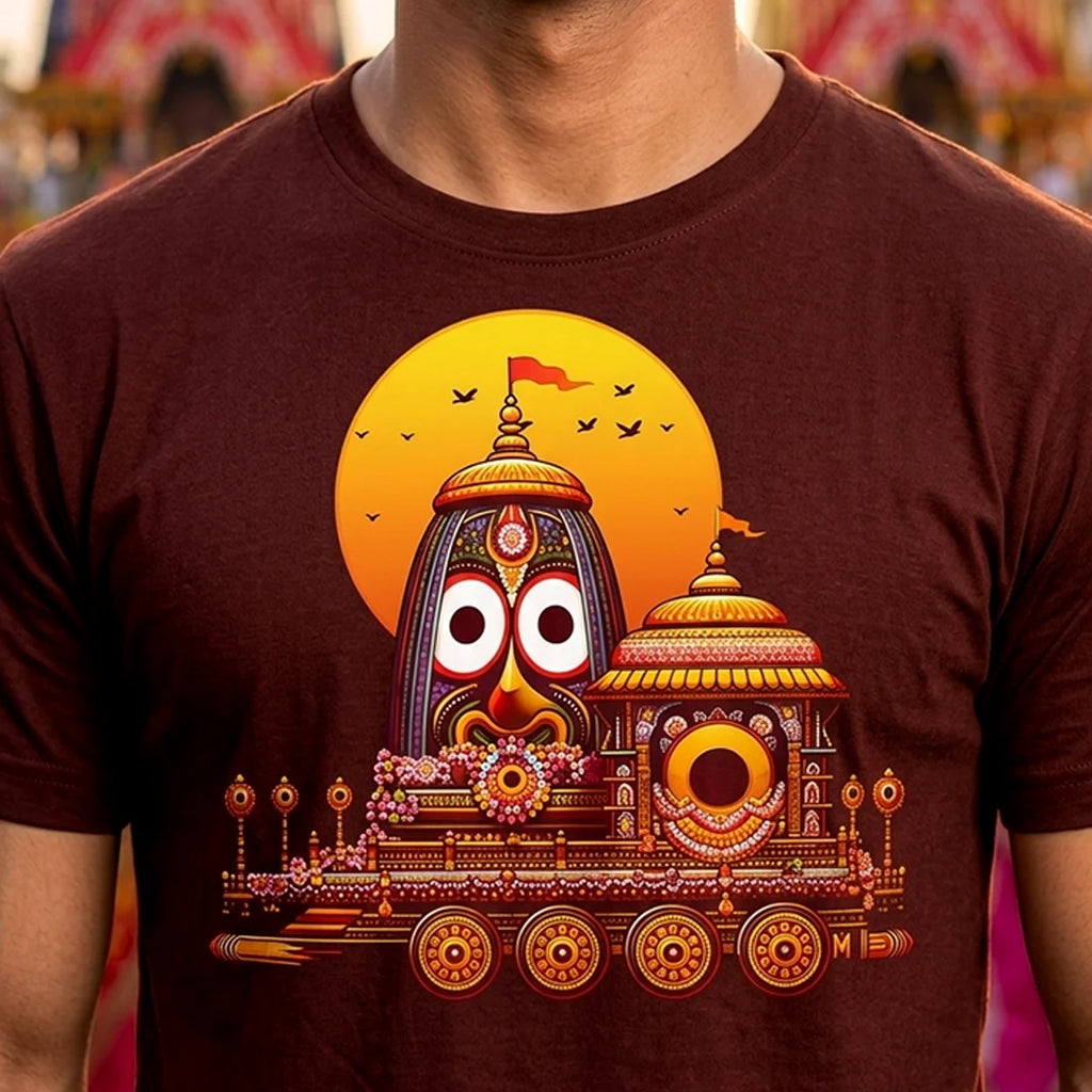 Premium Men's Pure Cotton Lord Jagannath Face & Rath Yatra Chariot Graphic T-Shirt