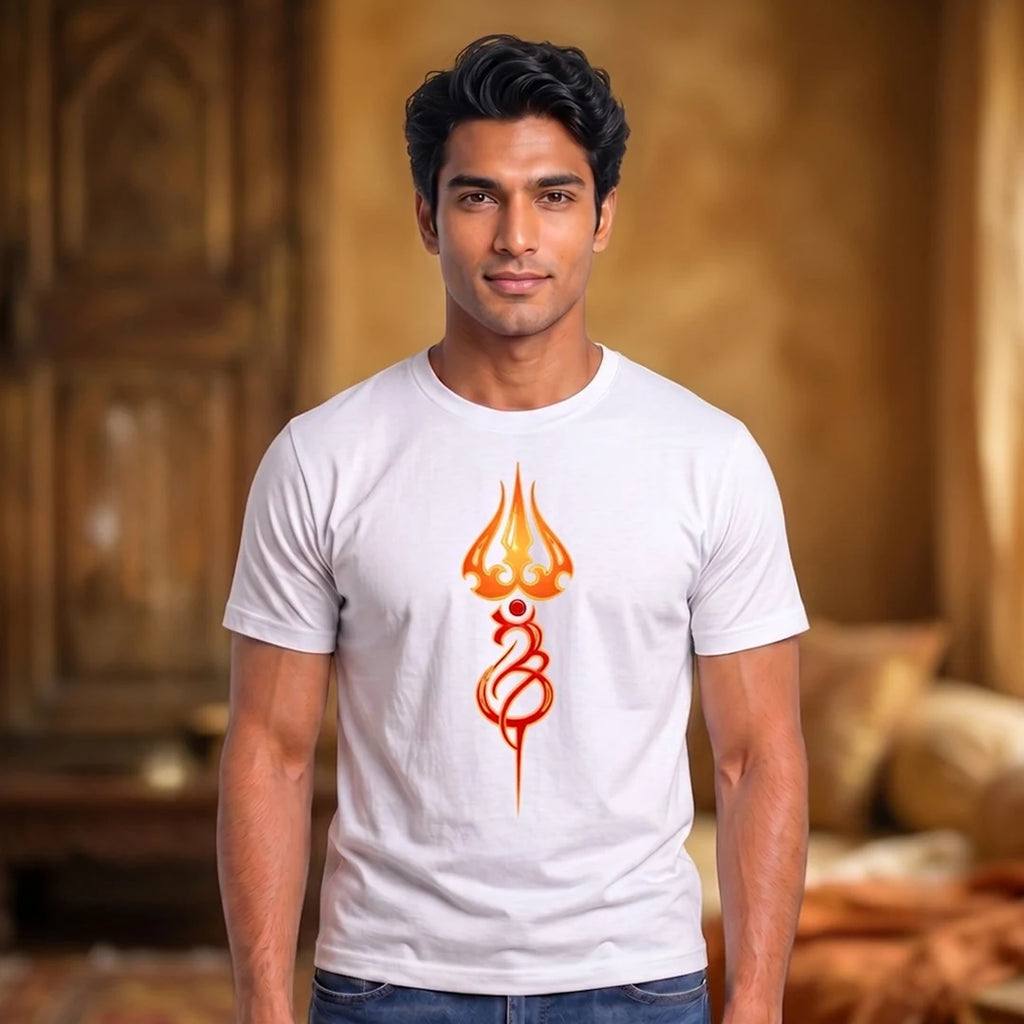 Men's Pure Cotton Regular Fit Mahadev Trishul Om Printed T-Shirt | 180 GSM Bio-Washed Spiritual Graphic Tee