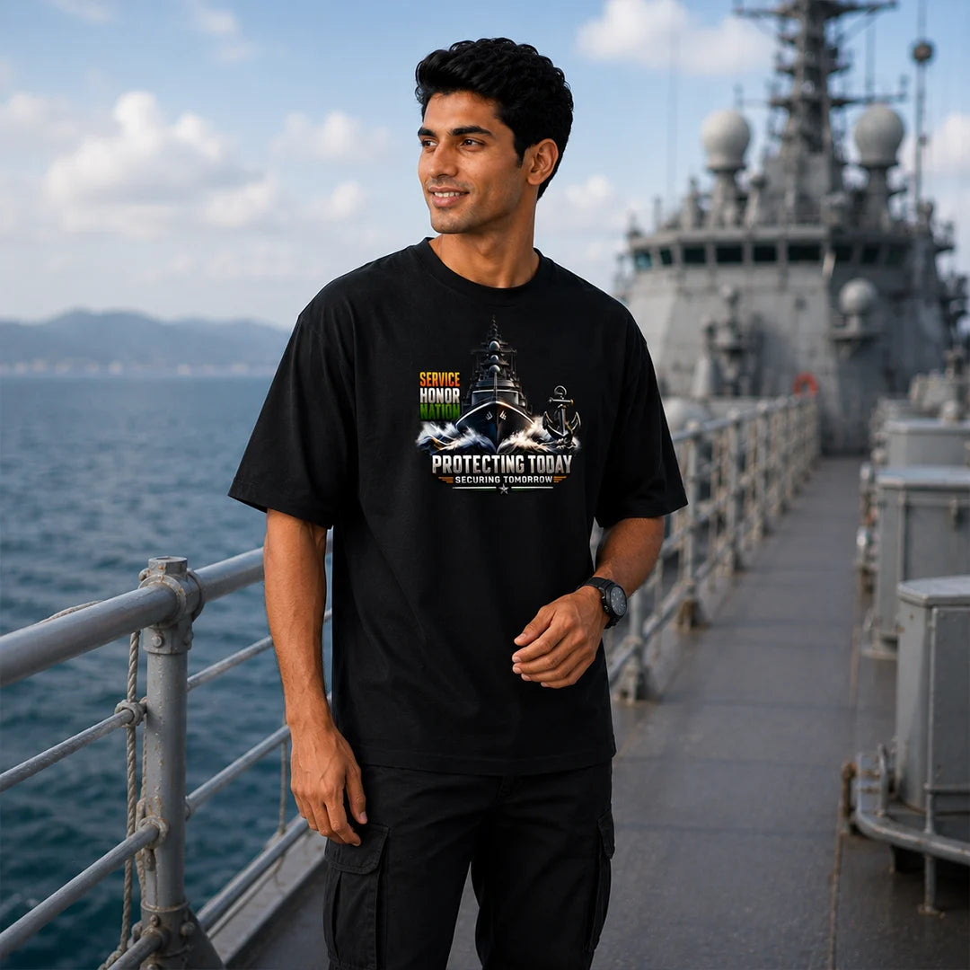 Indian Navy Warship Graphic Oversized T-Shirt - 240 GSM Pure Cotton