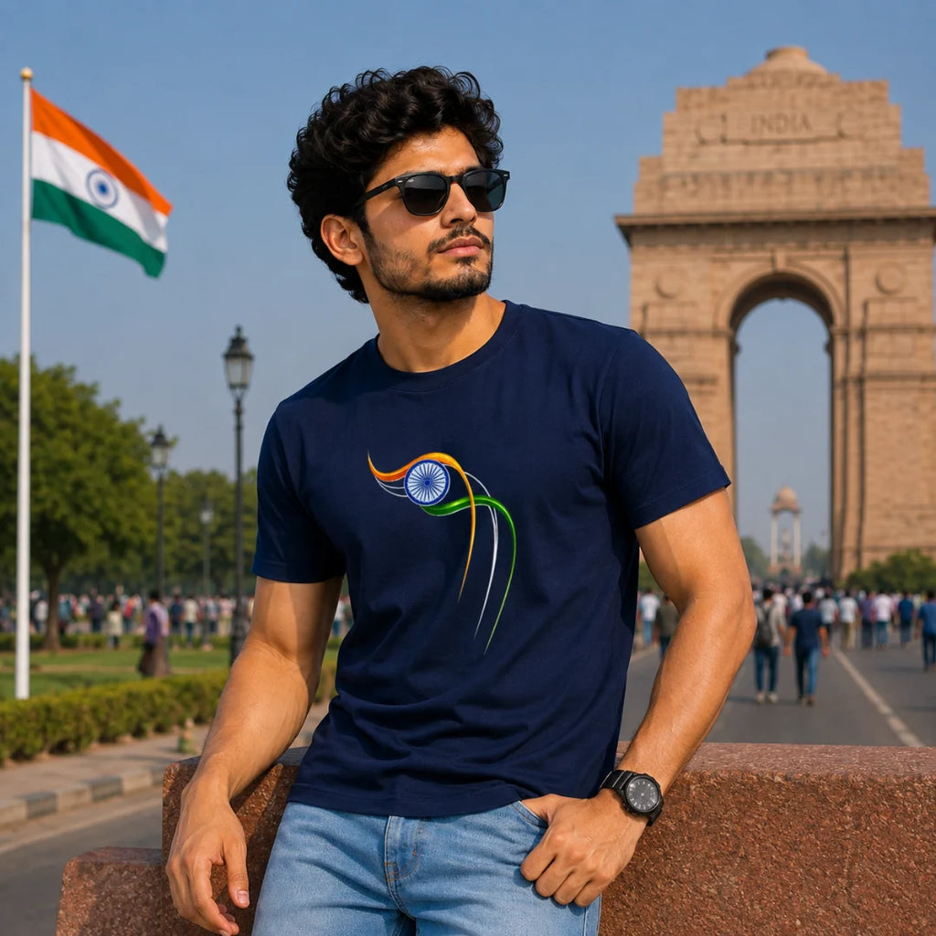 Excello Men's Patriotic Ashoka Chakra Graphic T-Shirt | 180 GSM Pure Cotton | Double Bio-Washed | Premium DTF Print