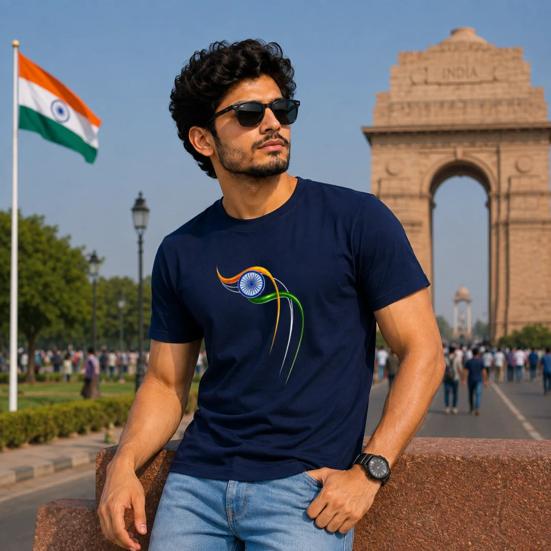Excello Men's Patriotic Ashoka Chakra Graphic T-Shirt | 180 GSM Pure Cotton | Double Bio-Washed | Premium DTF Print