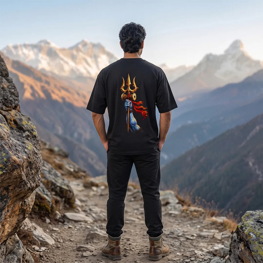 Men's Pure Cotton Oversized Printed T-Shirt | Lord Shiva Mahadev Trishul Graphic Print Drop Shoulder Loose Fit Crew Neck Tee