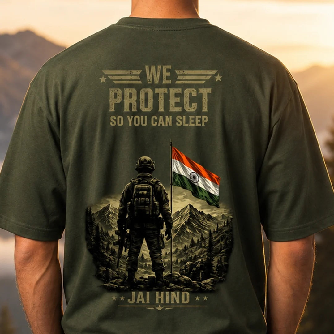 Men's Oversized Graphic T-Shirt - "Jai Hind" Military Tribute, 240 GSM Pure Cotton, Bio-Washed