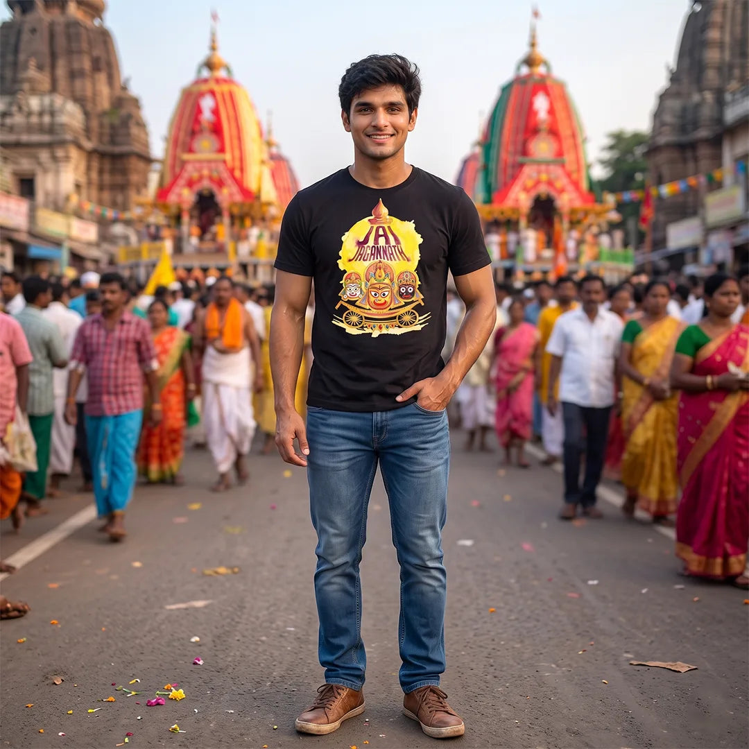 Men's Pure Cotton Jai Jagannath Holy Trinity Graphic Printed T-Shirt