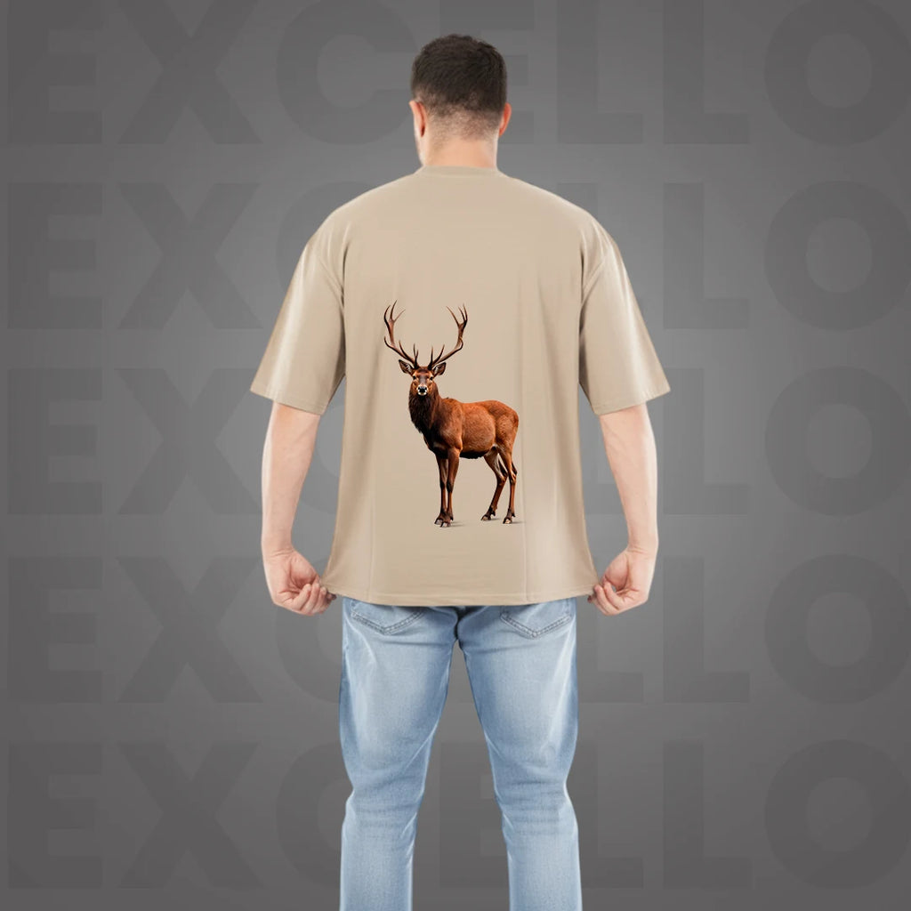 Men's Premium Cement Grey Oversized T-Shirt | 100% Rich Cotton | Wildlife Deer Graphic Print Streetwear Tee