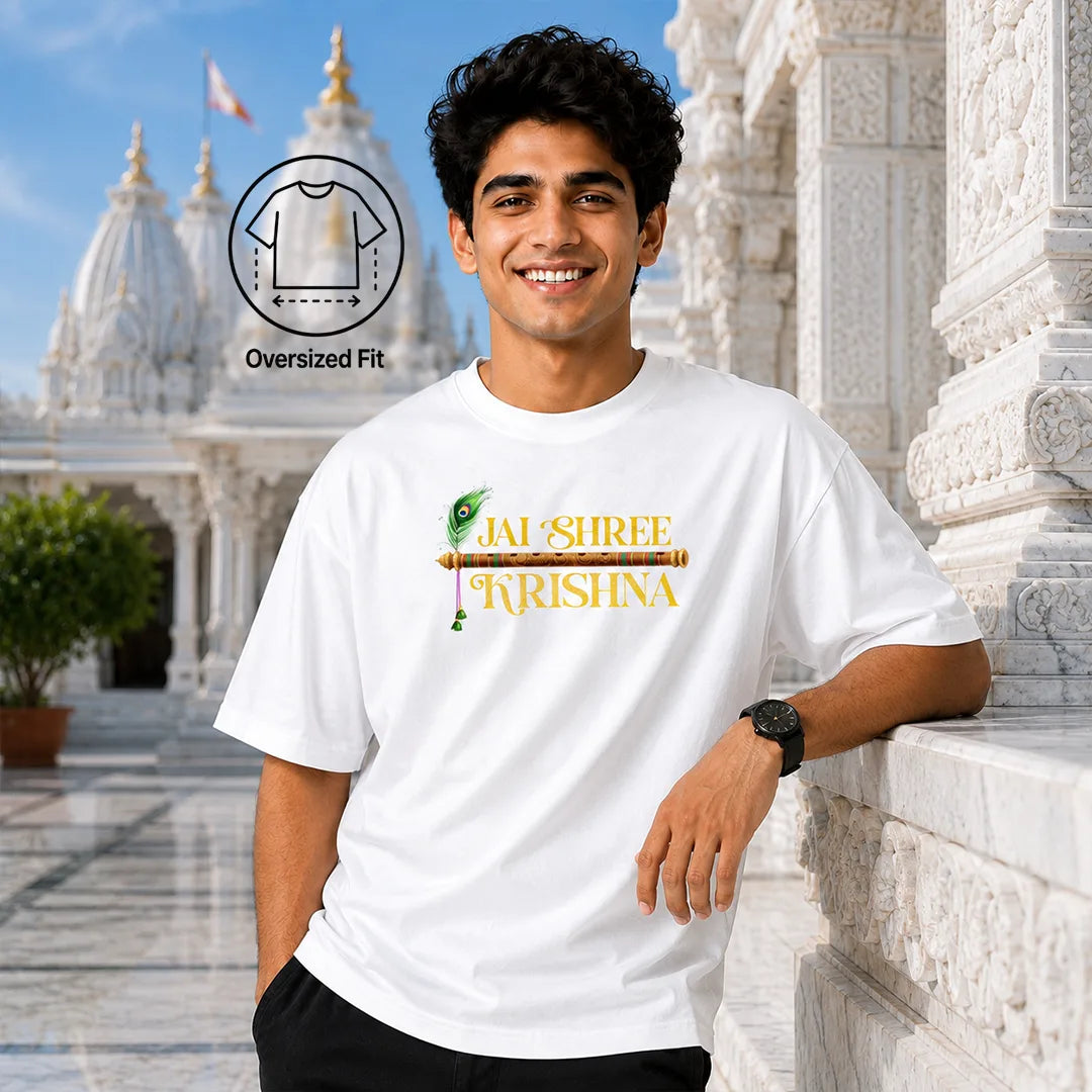 Excello Men's Jai Shree Krishna Divine Graphic Oversized T-Shirt - 240 GSM Pure Cotton, Bio-Washed