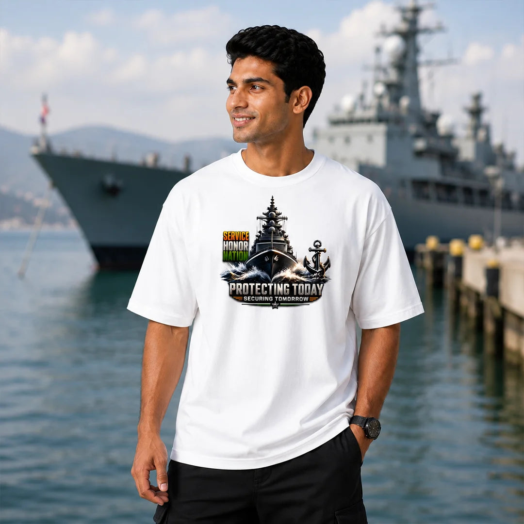 Indian Navy Warship Graphic Oversized T-Shirt - 240 GSM Pure Cotton