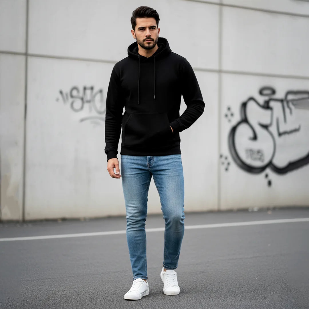 Men's Premium Solid Hoodie | Classic Regular Fit Cotton Blend Pullover Hoodie with Kangaroo Pocket | Essential Casual Winter Streetwear