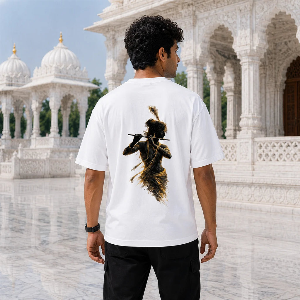 Excello Men's Divine Krishna Silhouette Graphic Oversized T-Shirt - 240 GSM Pure Cotton, Bio-Washed