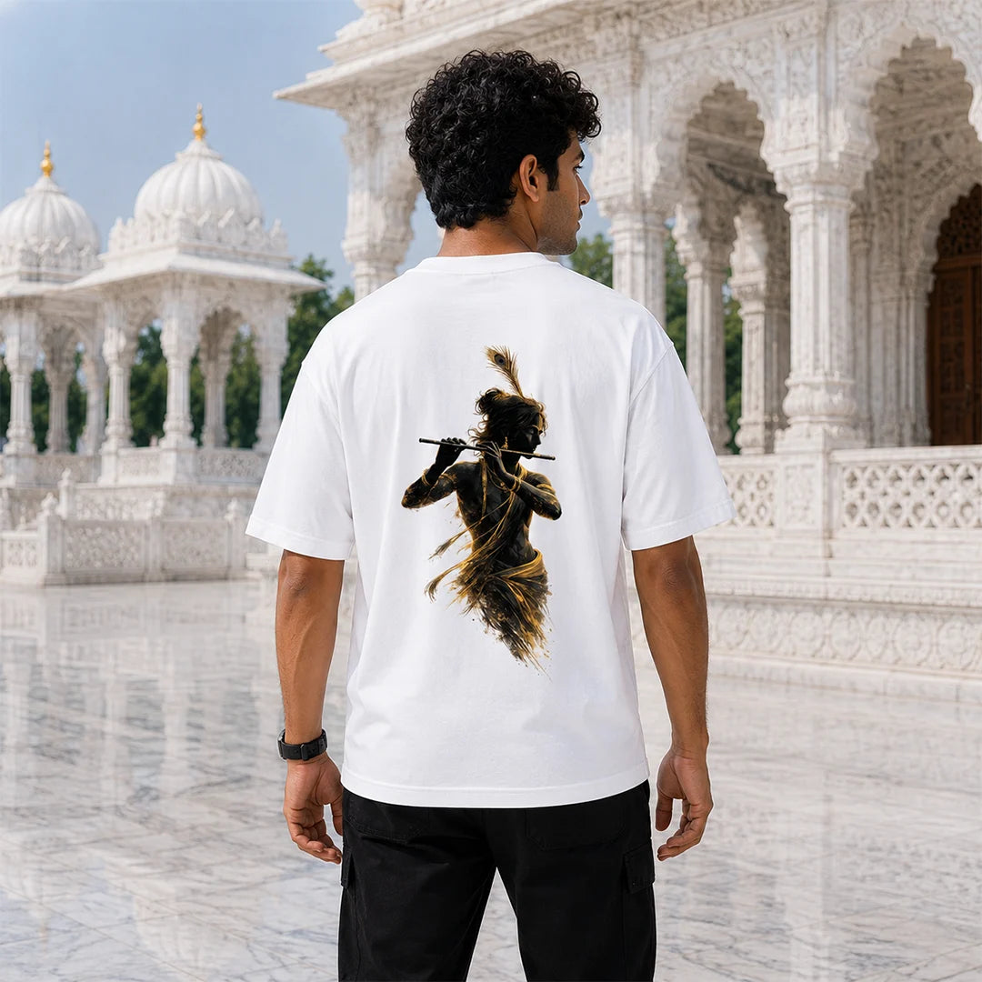 Excello Men's Divine Krishna Silhouette Graphic Oversized T-Shirt - 240 GSM Pure Cotton, Bio-Washed