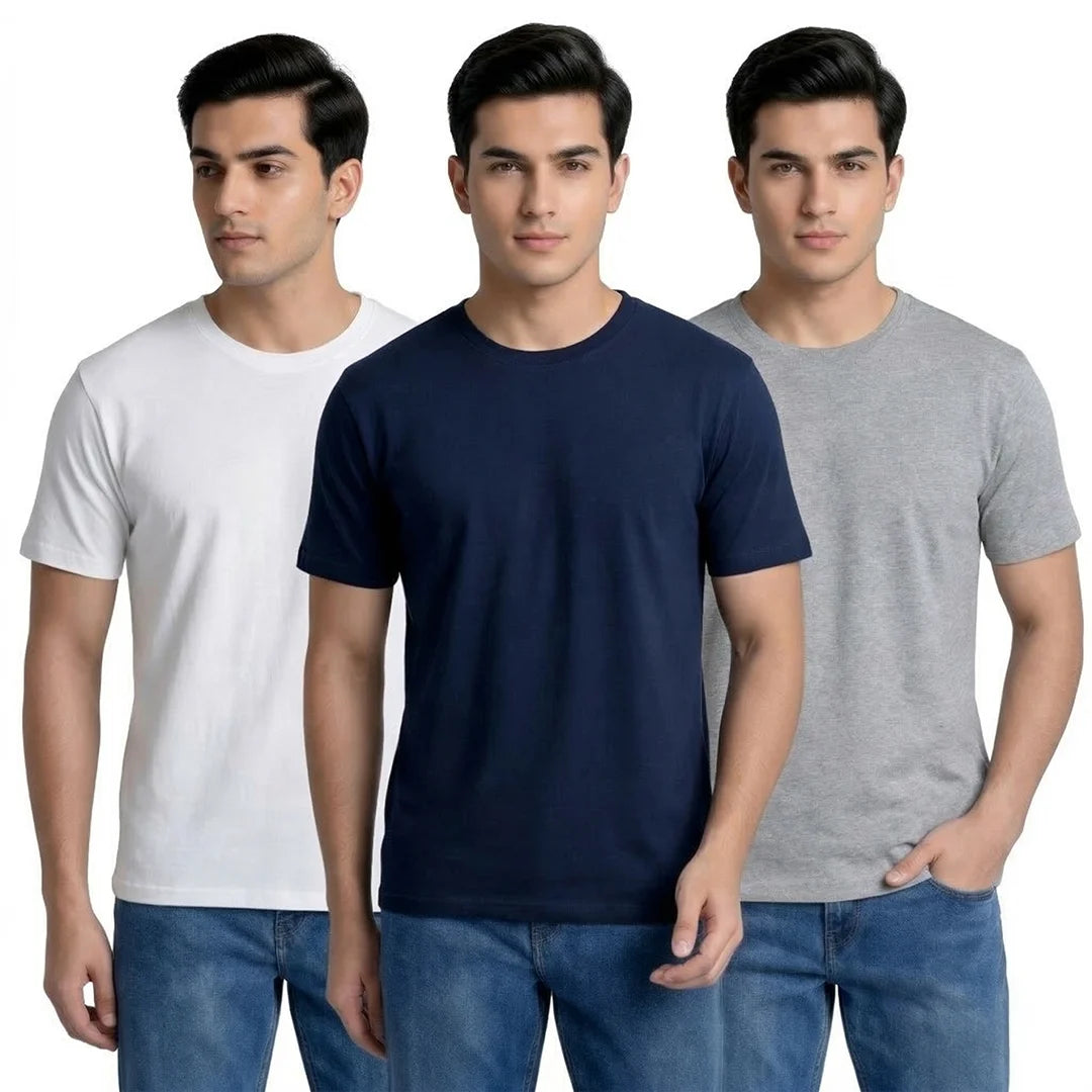 Premium Men’s Round Neck Pure Cotton T-Shirt Combo – 180 GSM Biowashed Regular Fit Half Sleeve Tees (Pack of 3)