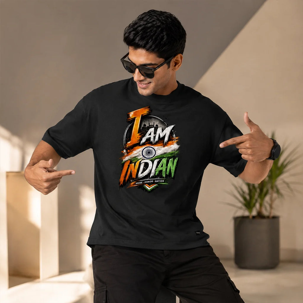 Men's "I Am Indian" Pride Oversized Graphic T-Shirt - 240 GSM Pure Cotton, Bio-Washed