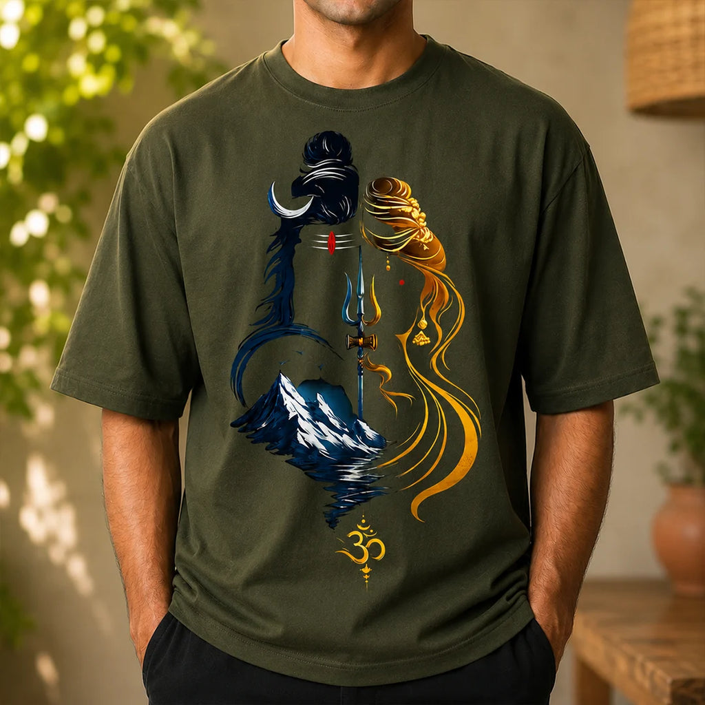 Men's Divine Ardhanareshvara Oversized Graphic T-Shirt - 240 GSM Pure Cotton, Bio-Washed