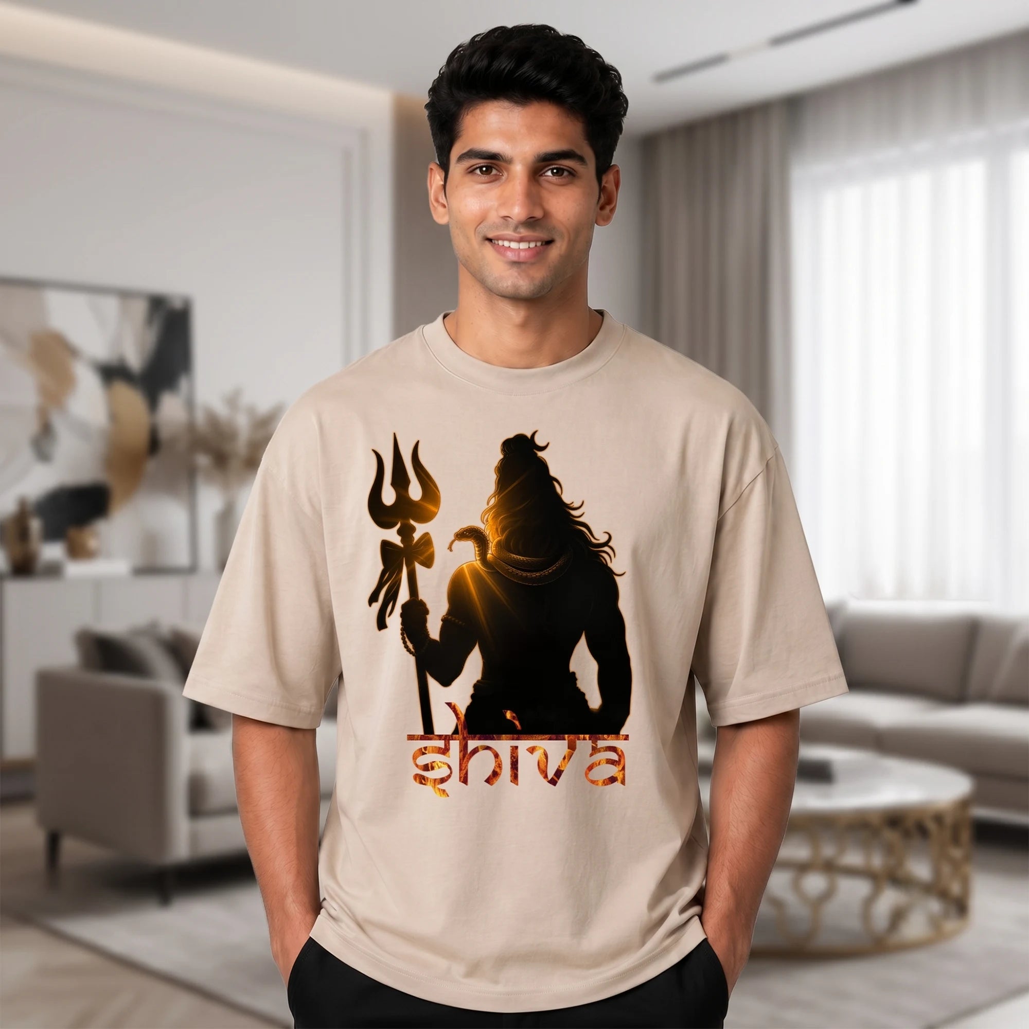 Lord Shiva Trishul Graphic Printed Oversized T-Shirt | Premium 240 GSM Pure Cotton Breathable Devotional Tee