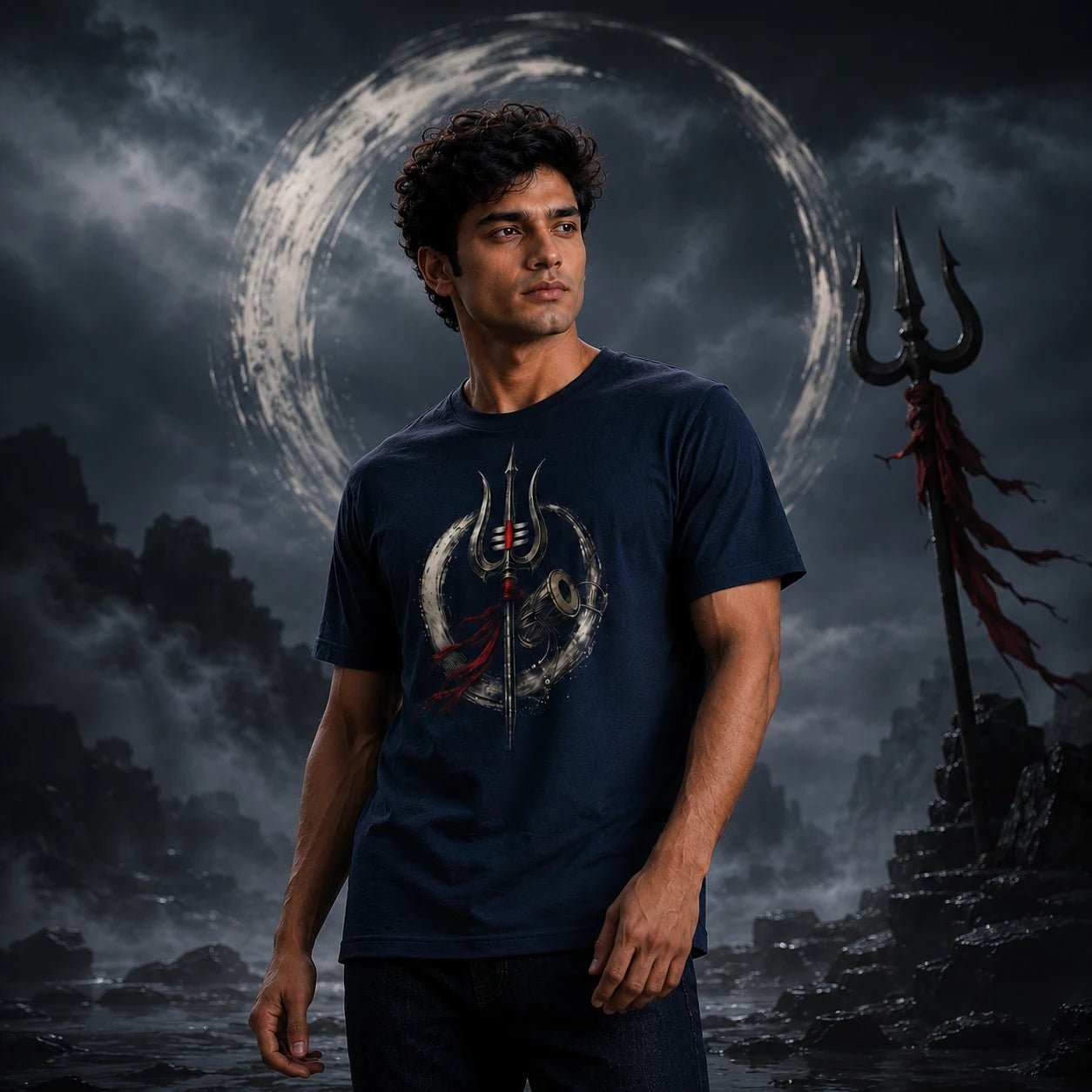 Men's Pure Cotton Regular Fit Mahadev Trishul Damru Graphic T-Shirt | 180 GSM Bio-Washed Spiritual Casual Tee