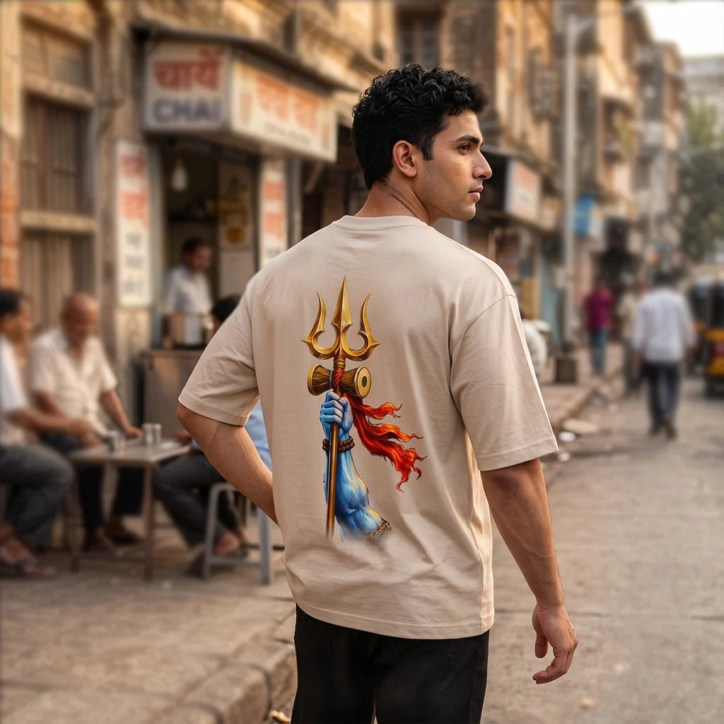 Men's Pure Cotton Oversized Printed T-Shirt | Lord Shiva Mahadev Trishul Graphic Print Drop Shoulder Loose Fit Crew Neck Tee