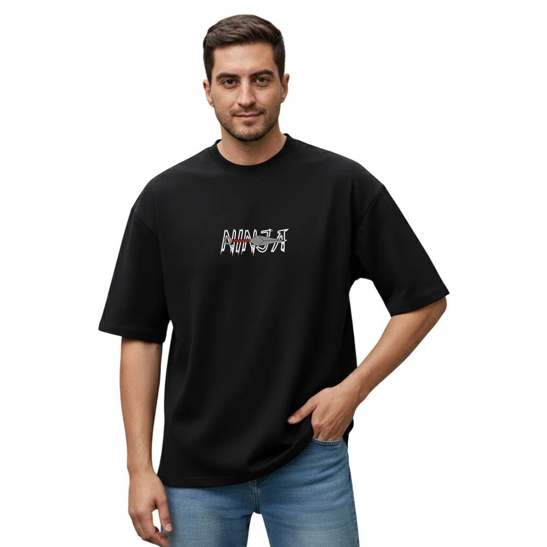 Men's 100% Pure Cotton Oversized T-Shirt – Black Streetwear Tee with Samurai & Kunai Graphic Print