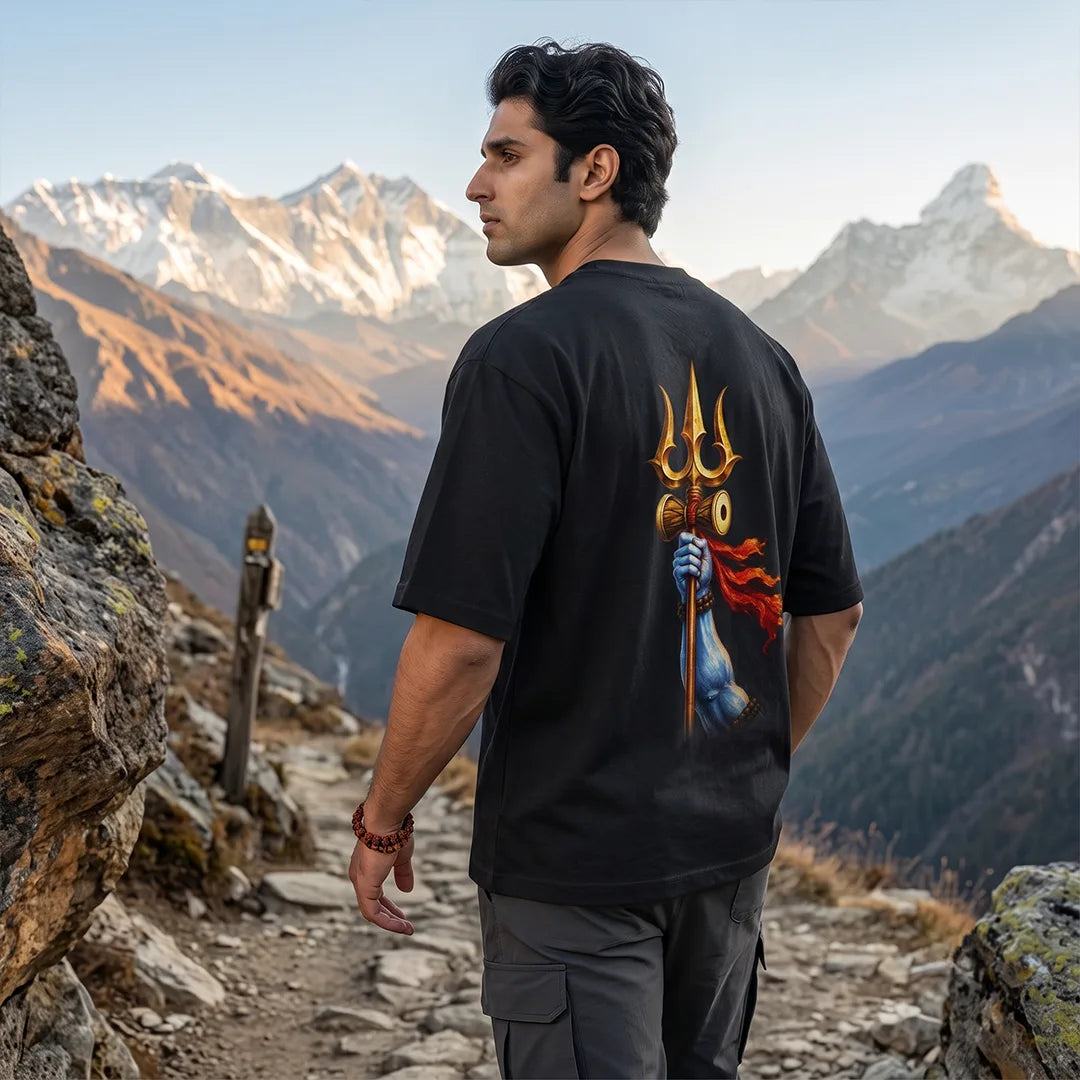 Men's Pure Cotton Oversized Printed T-Shirt | Lord Shiva Mahadev Trishul Graphic Print Drop Shoulder Loose Fit Crew Neck Tee