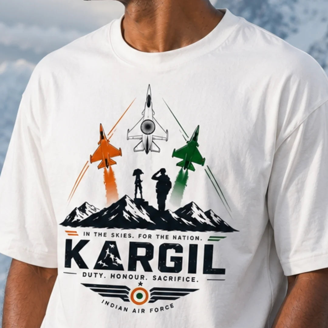 Men's Oversized Graphic T-Shirt - Kargil Indian Air Force Tribute, 240 GSM Pure Cotton, Bio-Washed