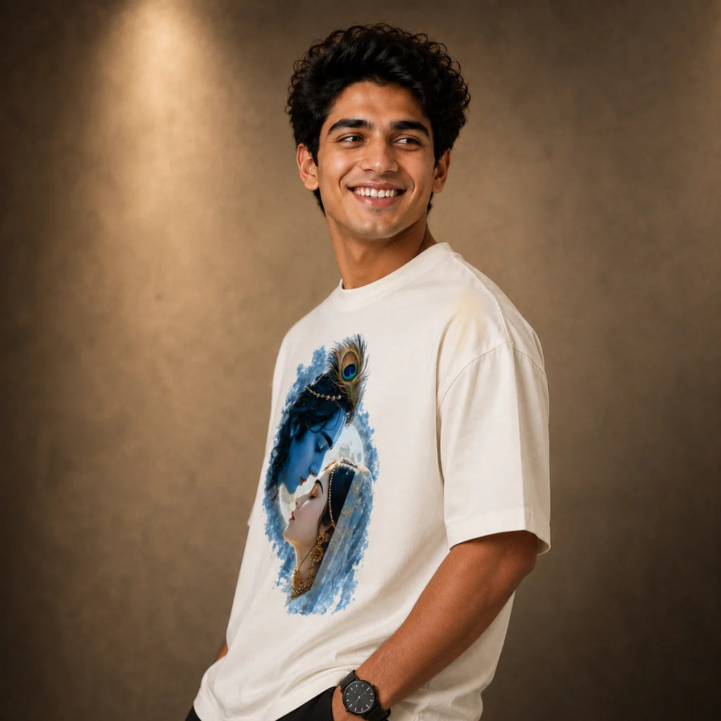 Excello Men's Divine Radha Krishna Graphic Oversized T-Shirt - 240 GSM Pure Cotton, Bio-Washed