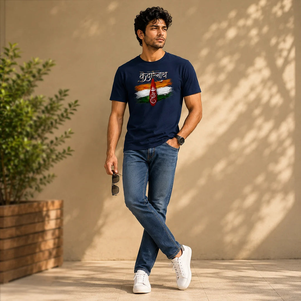 Men's Pure Cotton Regular Fit Kedarnath Tricolor Printed T-Shirt | 180 GSM Bio-Washed Spiritual Graphic Tee