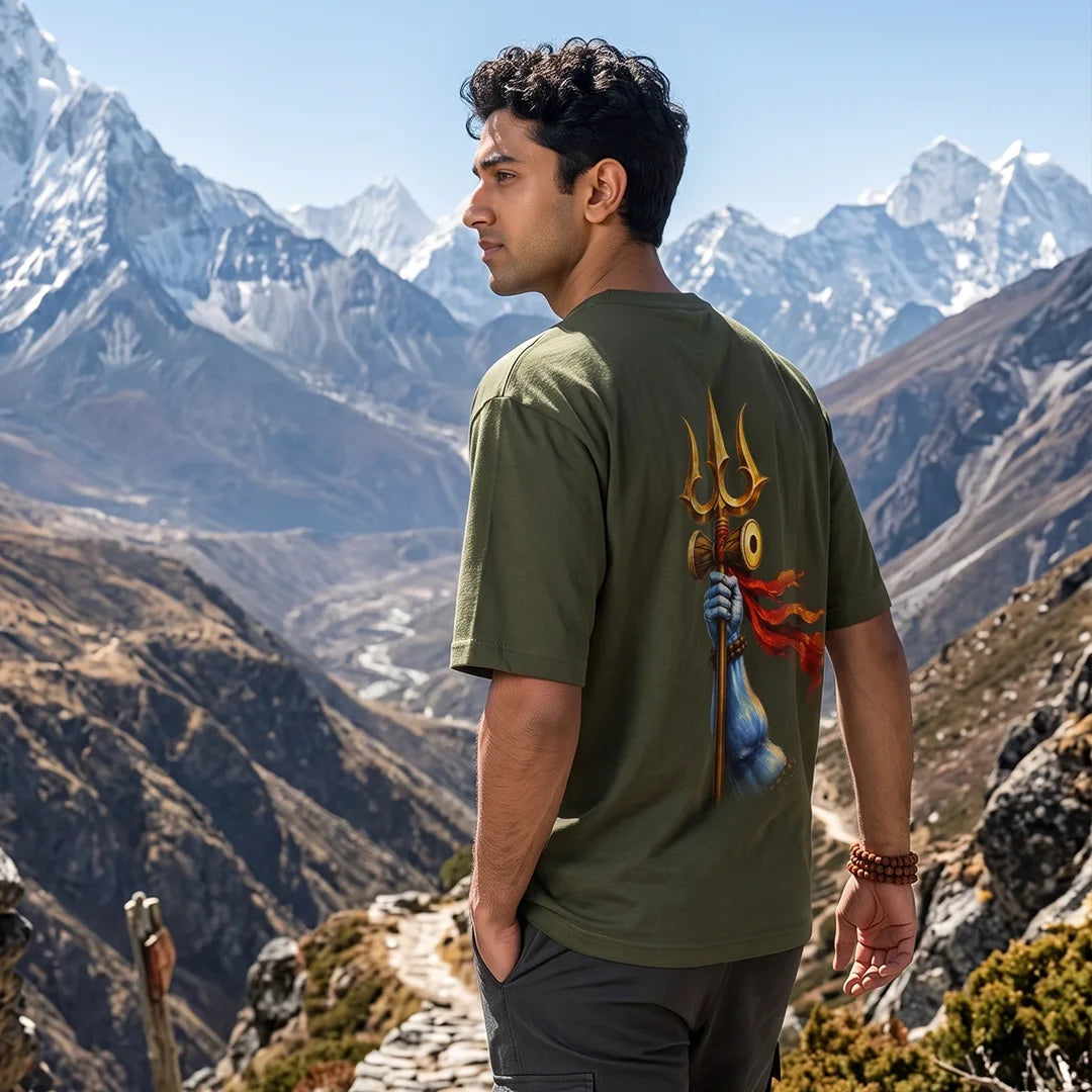 Men's Pure Cotton Oversized Printed T-Shirt | Lord Shiva Mahadev Trishul Graphic Print Drop Shoulder Loose Fit Crew Neck Tee
