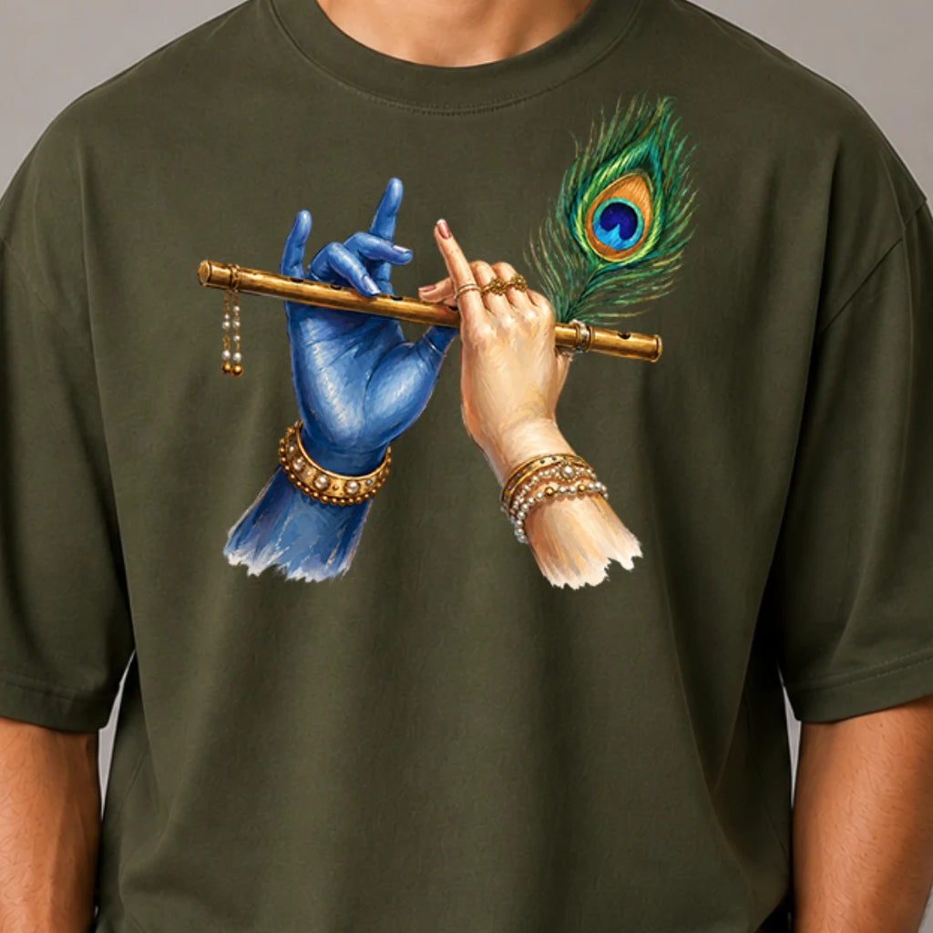 Excello Men's Divine Krishna Flute Graphic Oversized T-Shirt - 240 GSM Pure Cotton, Bio-Washed