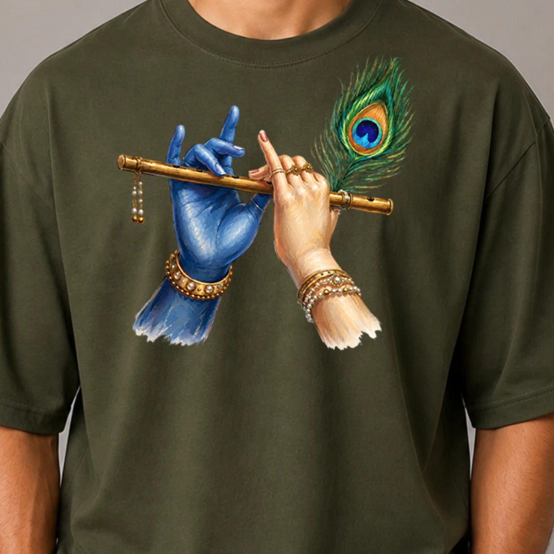Excello Men's Divine Krishna Flute Graphic Oversized T-Shirt - 240 GSM Pure Cotton, Bio-Washed