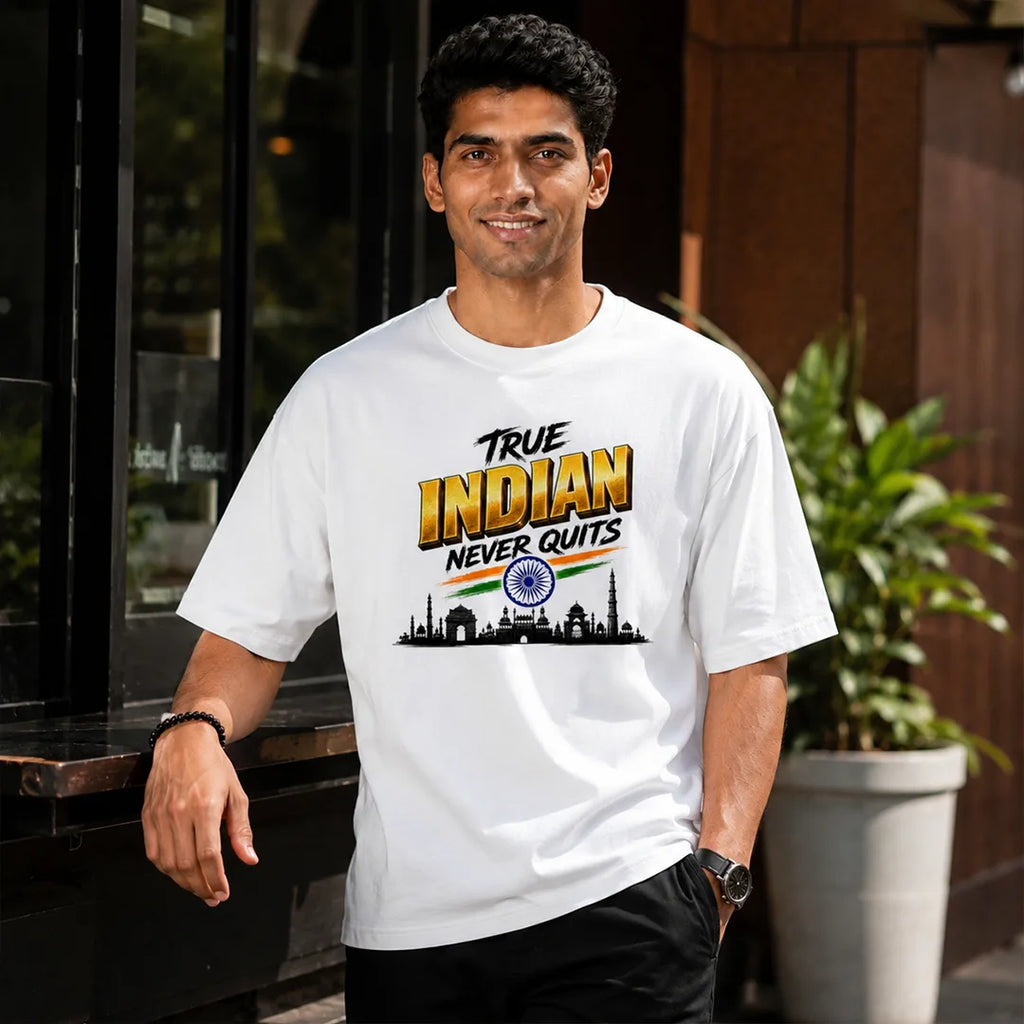 Men's "True Indian Never Quits" Oversized Graphic T-Shirt - 240 GSM Pure Cotton, Bio-Washed