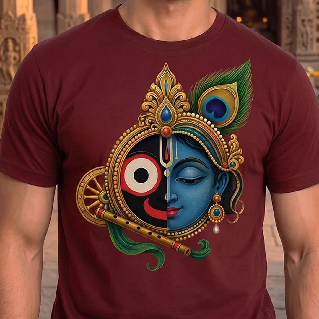 Men's Pure Cotton Lord Jagannath & Sri Krishna Fusion Graphic Printed T-Shirt