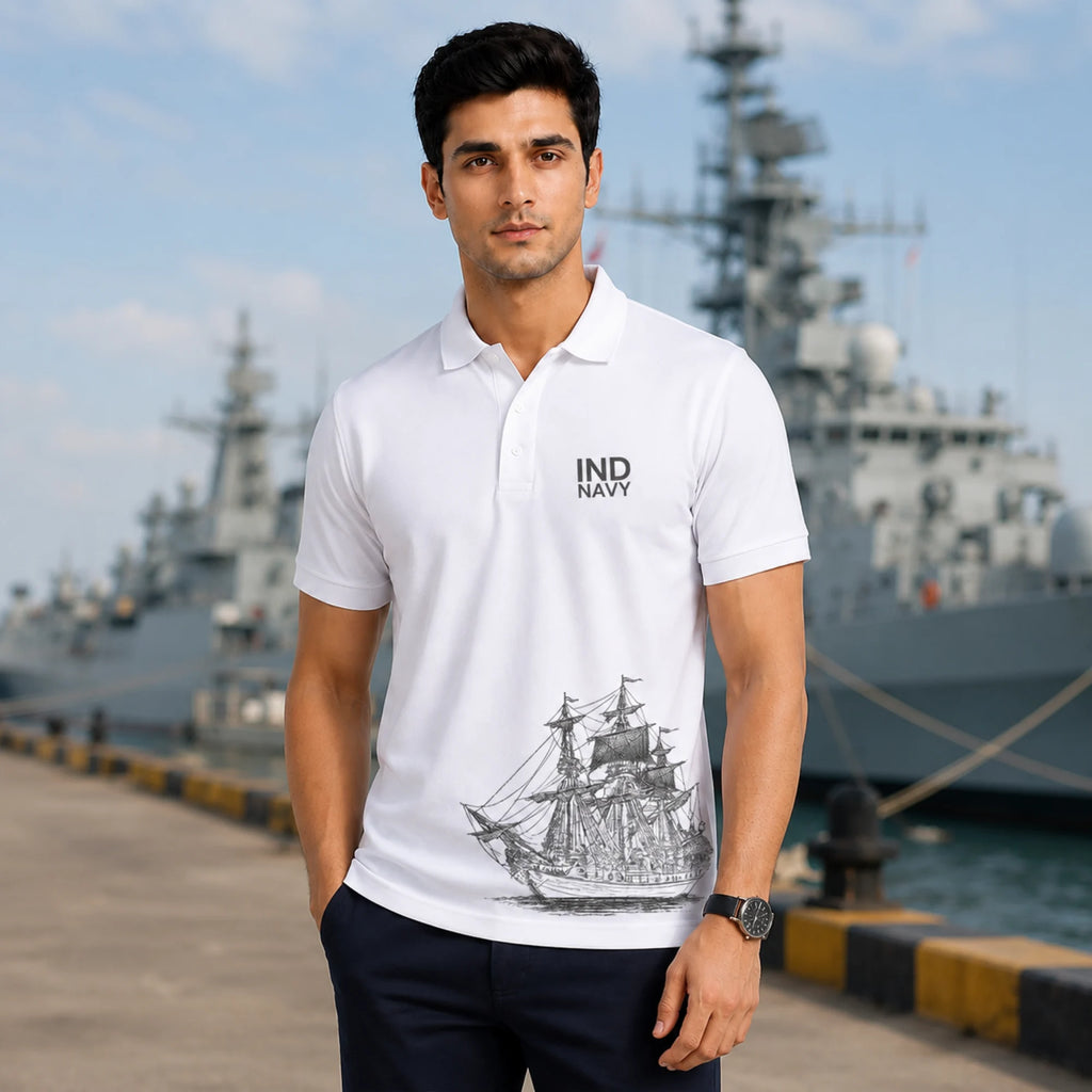 Excello Premium Indian Navy Tribute Polo T-Shirt | 210 GSM Nano Poly, Regular Fit