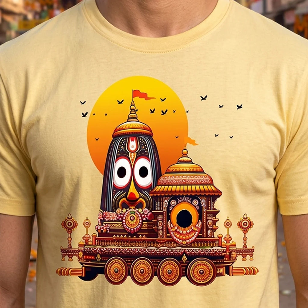 Premium Men's Pure Cotton Lord Jagannath Face & Rath Yatra Chariot Graphic T-Shirt