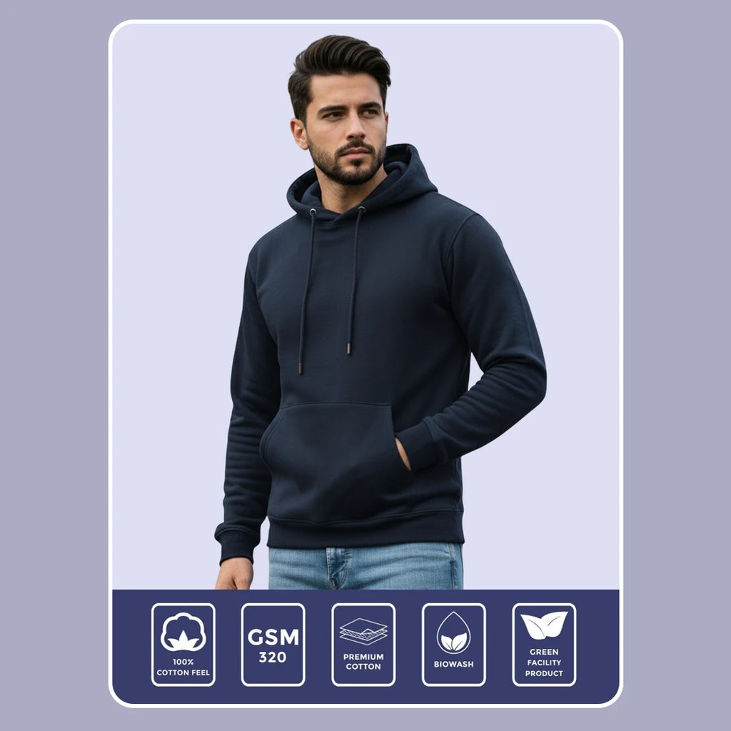 Men's Premium Solid Hoodie | Classic Regular Fit Cotton Blend Pullover Hoodie with Kangaroo Pocket | Essential Casual Winter Streetwear