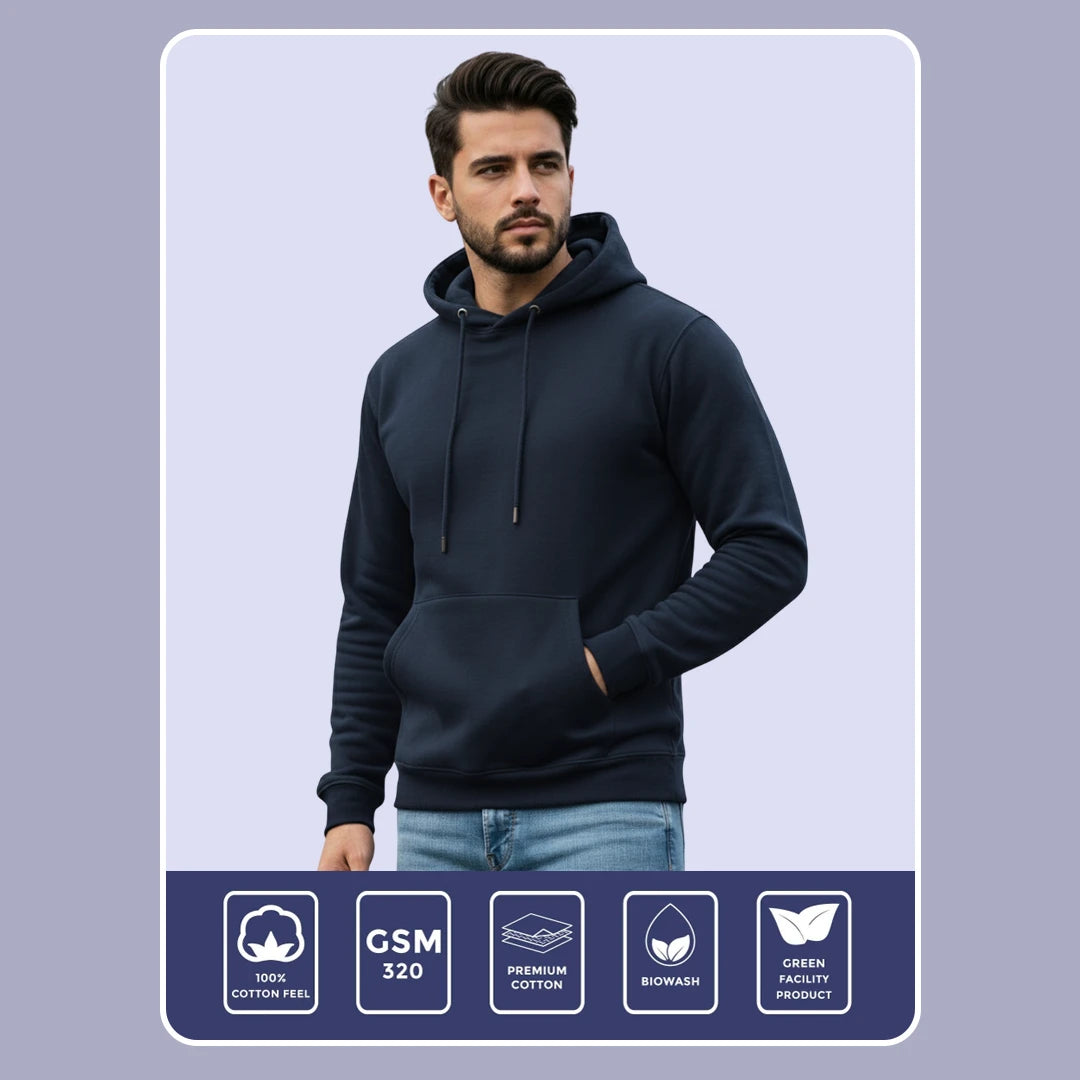 Men's Premium Solid Hoodie | Classic Regular Fit Cotton Blend Pullover Hoodie with Kangaroo Pocket | Essential Casual Winter Streetwear