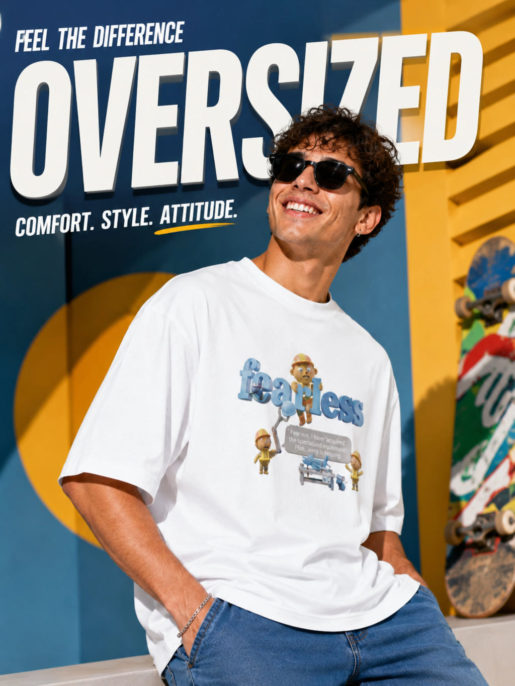Excello Men's Oversized Graphic T-Shirt - 240 GSM Pure Cotton, Biowashed Drop Shoulder Tee