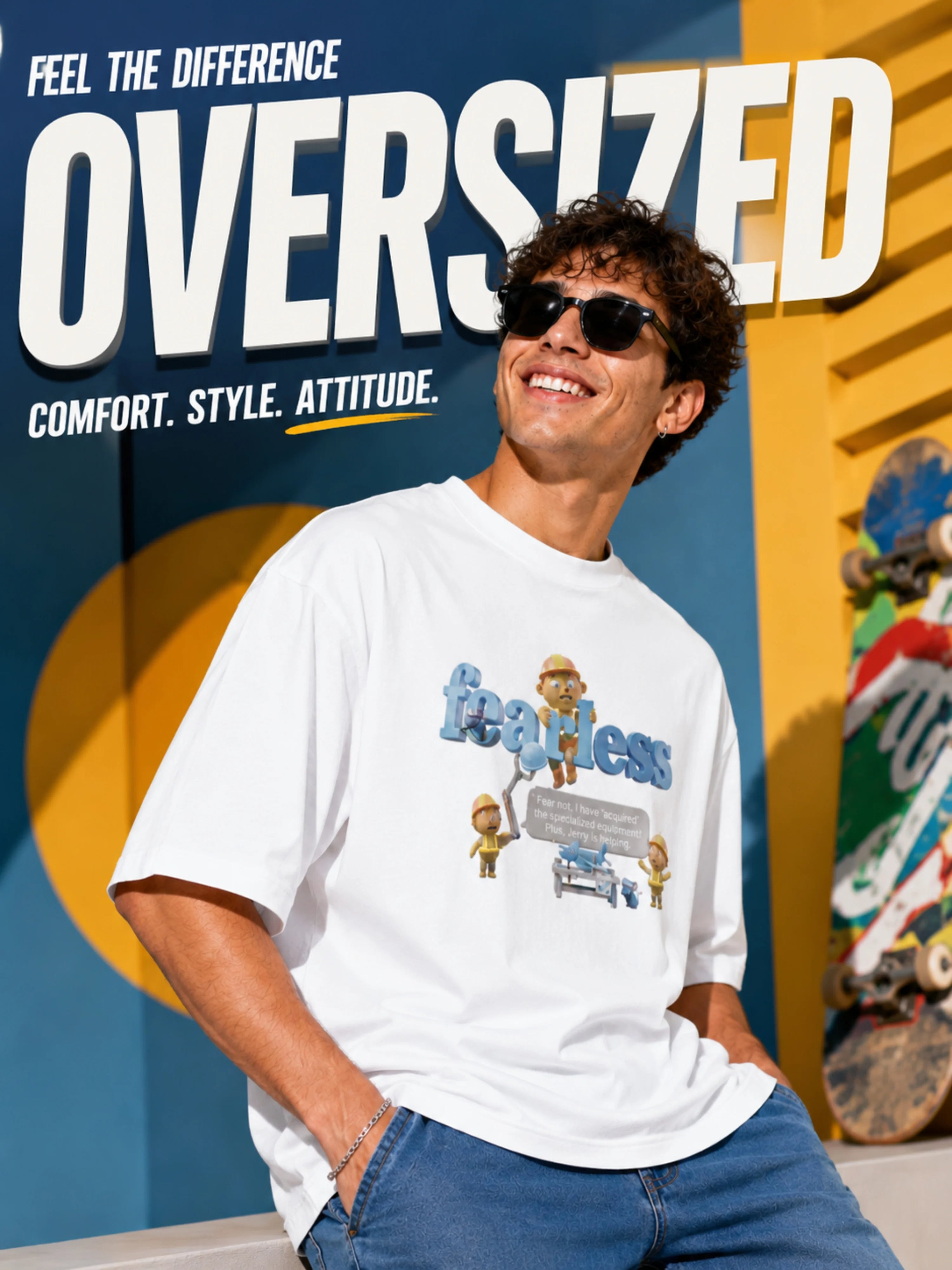 Excello Men's Oversized Graphic T-Shirt - 240 GSM Pure Cotton, Biowashed Drop Shoulder Tee