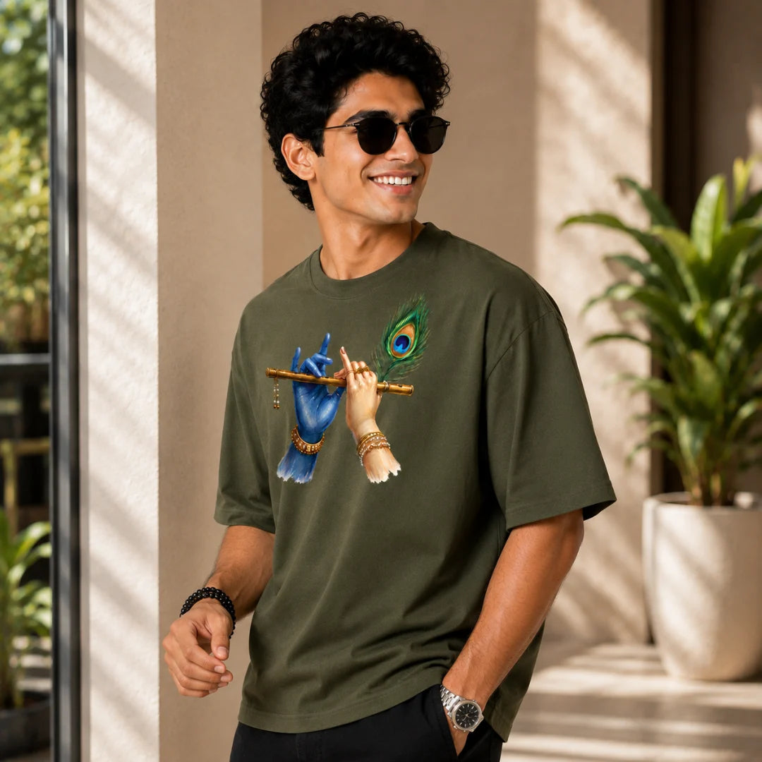Excello Men's Divine Krishna Flute Graphic Oversized T-Shirt - 240 GSM Pure Cotton, Bio-Washed