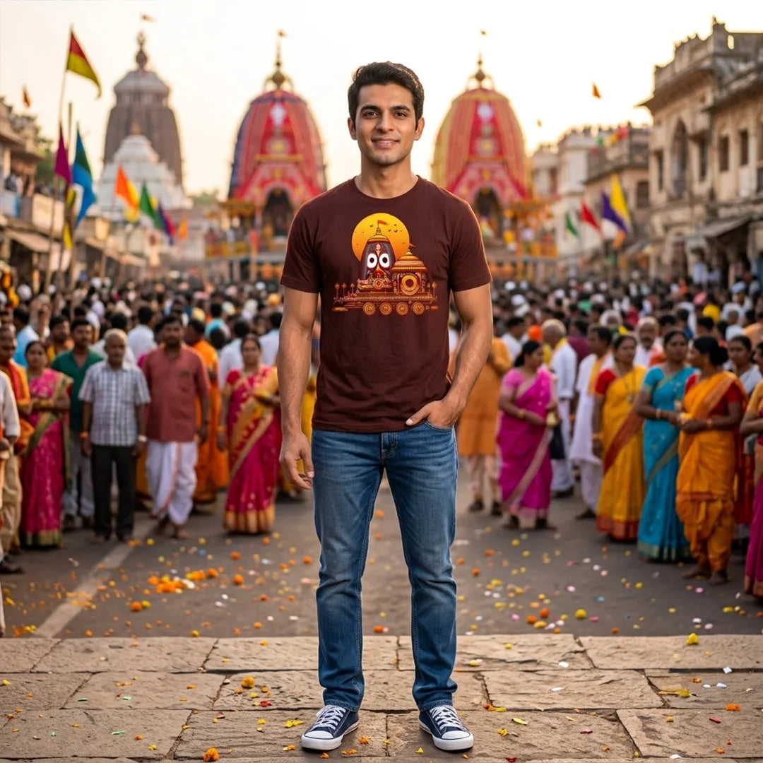 Premium Men's Pure Cotton Lord Jagannath Face & Rath Yatra Chariot Graphic T-Shirt