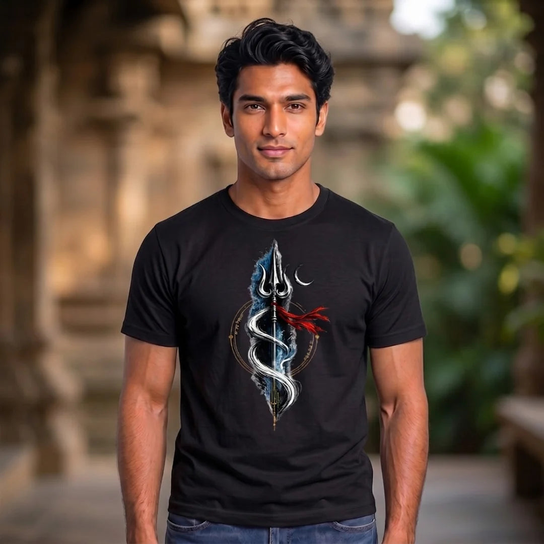 Men's Pure Cotton Regular Fit Mahadev Trishul Crescent Moon Printed T-Shirt | 180 GSM Bio-Washed Spiritual Graphic Tee