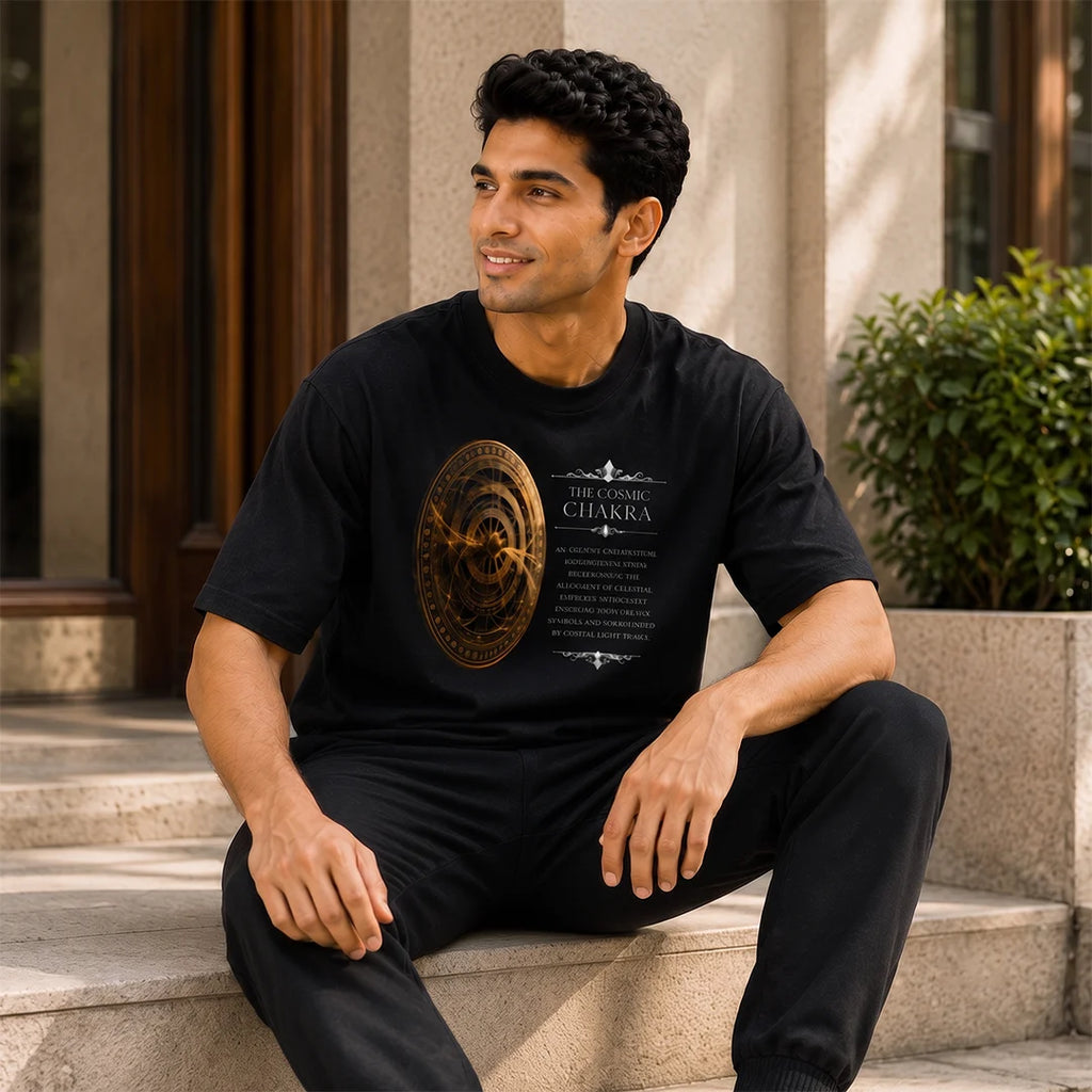 Men's Oversized Graphic T-Shirt - The Cosmic Chakra Mystical Print, 240 GSM Pure Cotton, Bio-Washed