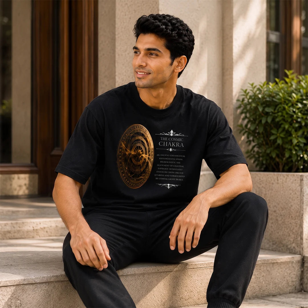 Men's Oversized Graphic T-Shirt - The Cosmic Chakra Mystical Print, 240 GSM Pure Cotton, Bio-Washed